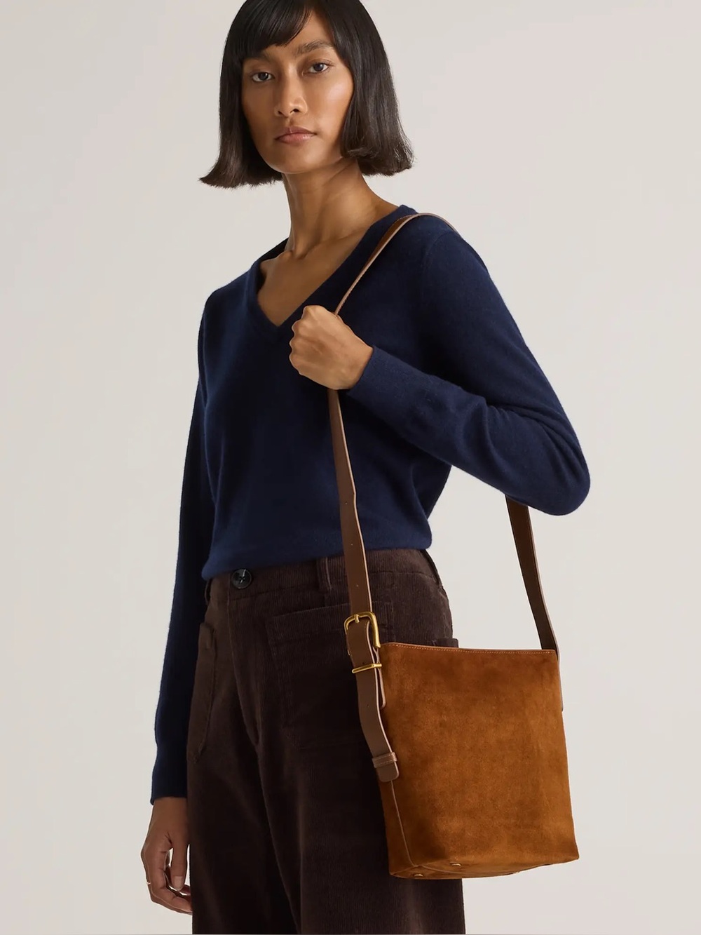 Quince Italian Suede Bucket Crossbody Bag in Color Whiskey - Picture 7 of 16